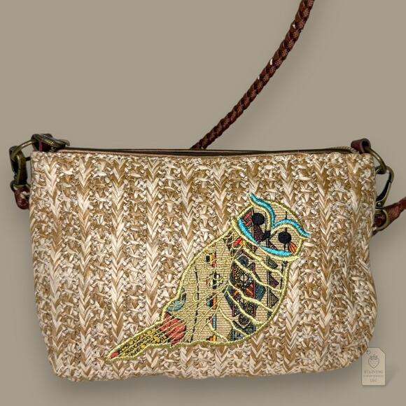 Sakroots Owl Embroidered Straw Crossbody Bag Brown Woven Boho Purse - Picture 1 of 8